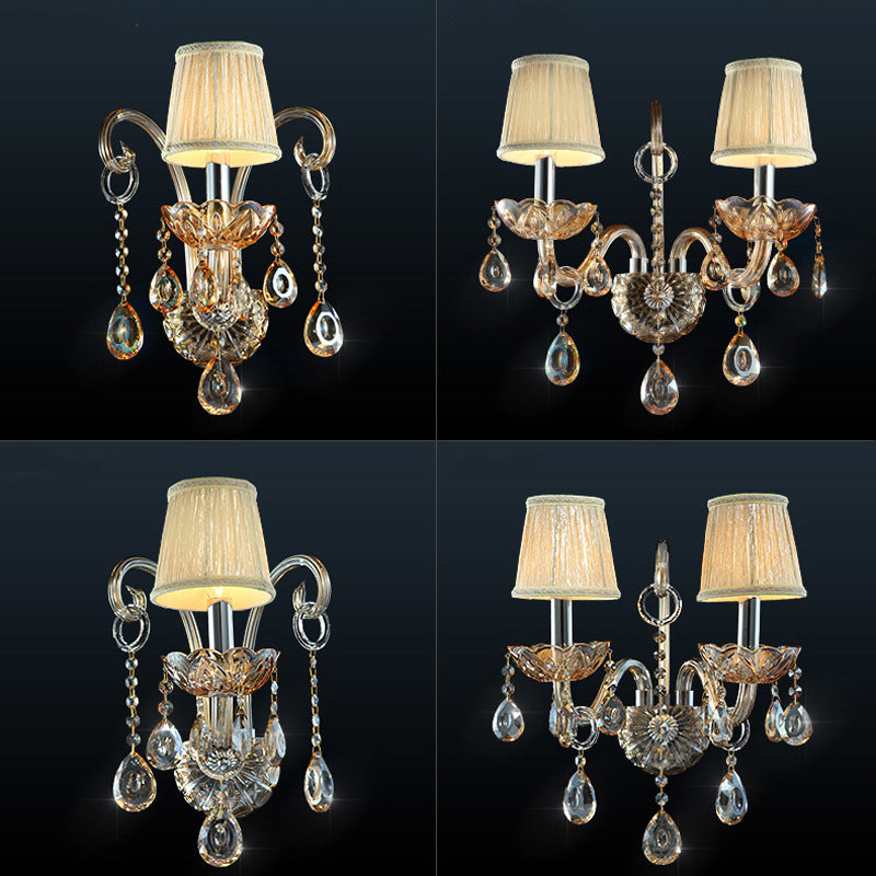 Candelabro de Pared de 1/2 Luces con Cuerno de Cabra de Cristal de Tela de Vidrio Tradicional Europeo para Pasillo 