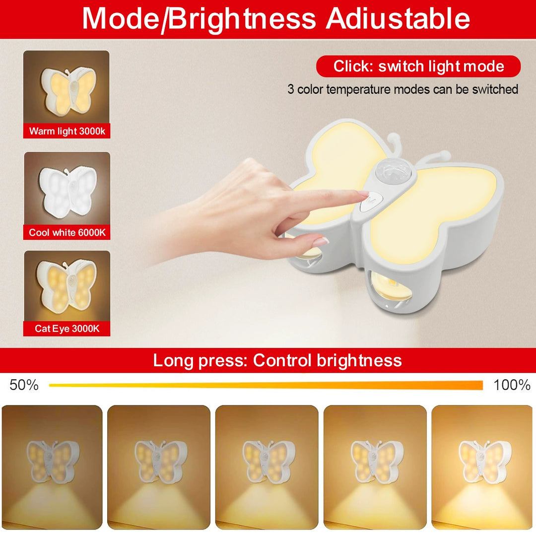 Lámpara de pared LED con sensor humano recargable de simplicidad moderna, magnética, de plástico, con mariposa, luz nocturna para mesita de noche 