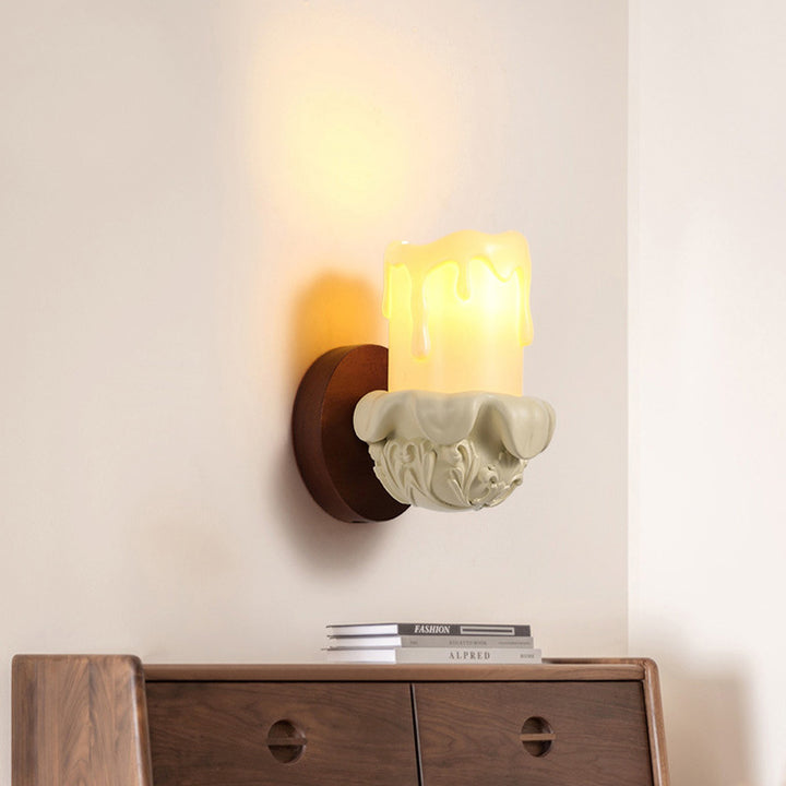 Lámpara de Aplique de Pared de 1 Luz con Campana de Vela de Vidrio y Madera de Resina Tradicional Francesa para Mesita de Noche 