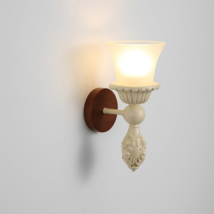 Traditional French Resin Wood Glass Candle Bell 1-Light Wall Sconce Lamp For Bedside