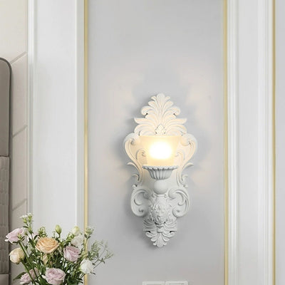 Traditional French Resin Hardware Glass Candlestick Shell Carved 1-Light Wall Sconce Lamp For Bedside