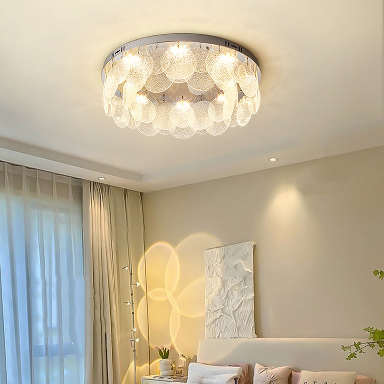 Modern Art Deco Stainless Steel Glass Round Frosted Sheet LED Flush Mount Ceiling Light For Bedroom