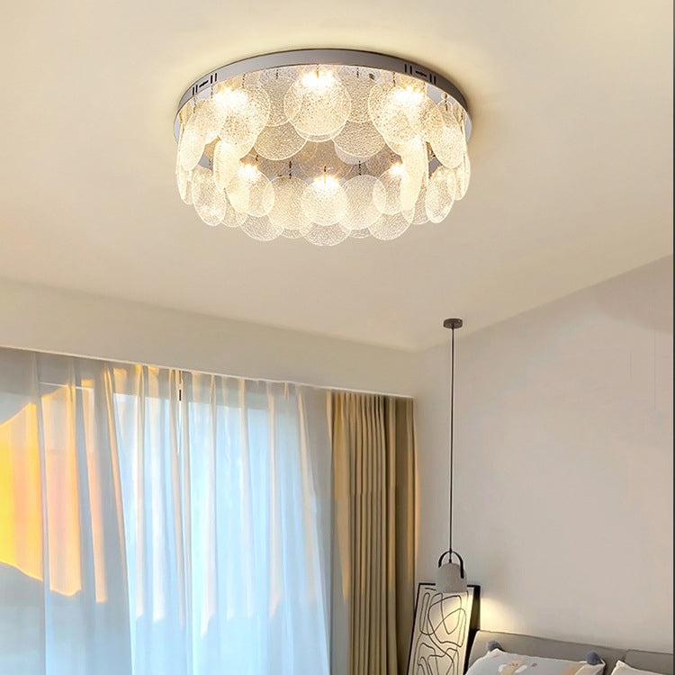 Modern Art Deco Stainless Steel Glass Round Frosted Sheet LED Flush Mount Ceiling Light For Bedroom