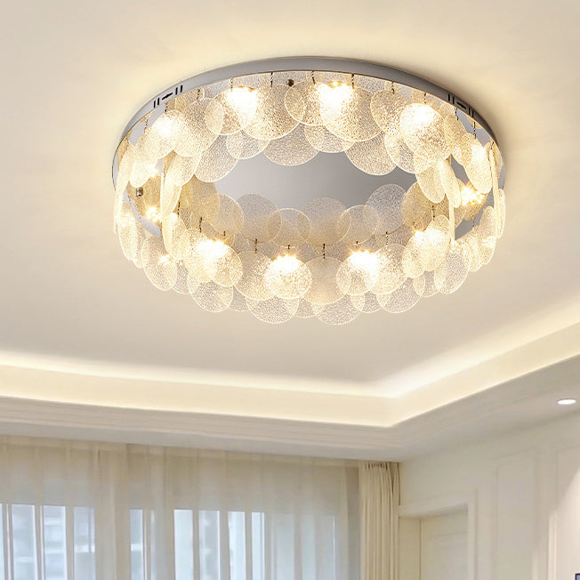 Modern Art Deco Stainless Steel Glass Round Frosted Sheet LED Flush Mount Ceiling Light For Bedroom