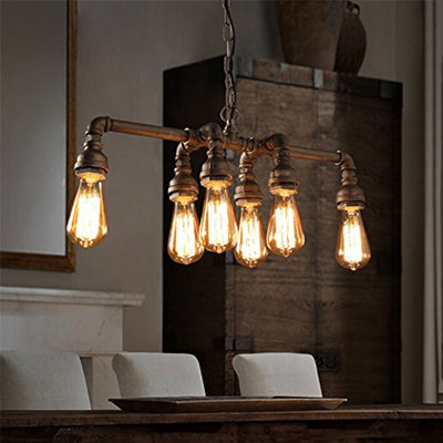 Zeitgenössische industrielle Eisen-Wasserrohr 6-Licht-Kronleuchter für das Esszimmer 