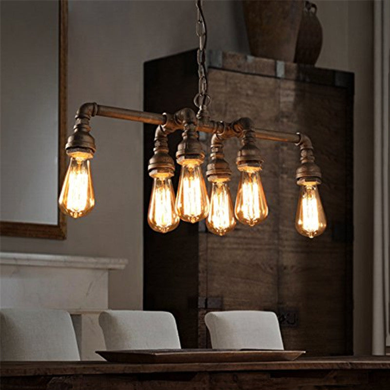 Zeitgenössische industrielle Eisen-Wasserrohr 6-Licht-Kronleuchter für das Esszimmer 