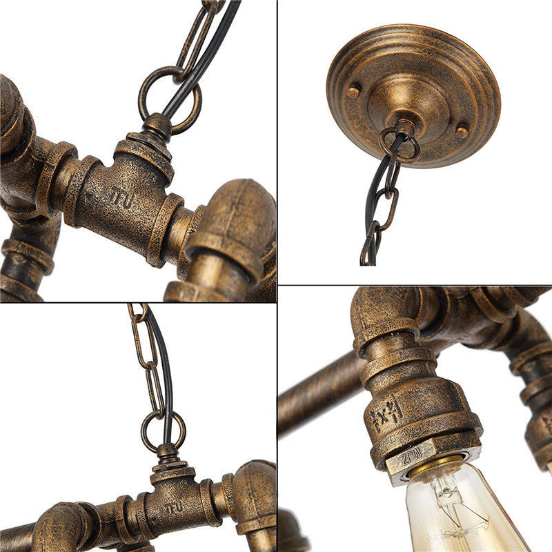 Zeitgenössische industrielle Eisen-Wasserrohr 6-Licht-Kronleuchter für das Esszimmer 