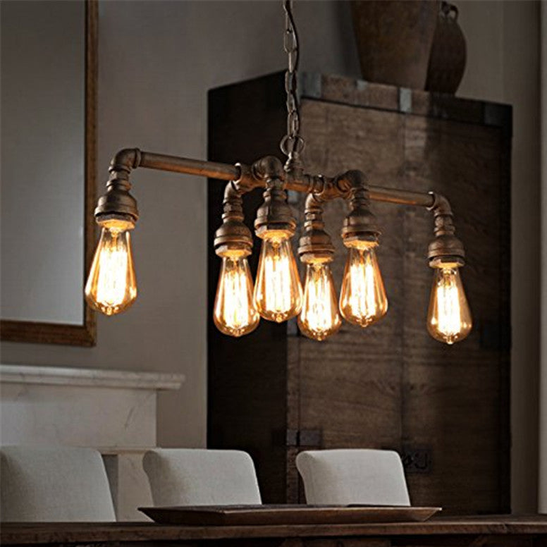 Zeitgenössische industrielle Eisen-Wasserrohr 6-Licht-Kronleuchter für das Esszimmer 