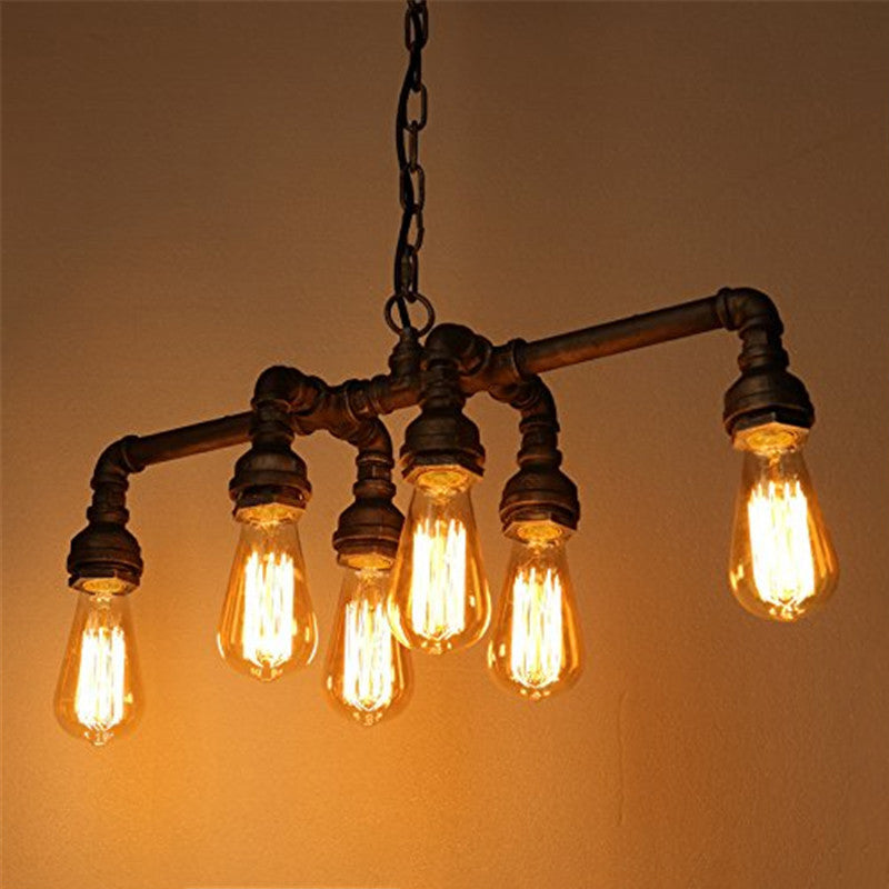 Zeitgenössische industrielle Eisen-Wasserrohr 6-Licht-Kronleuchter für das Esszimmer 