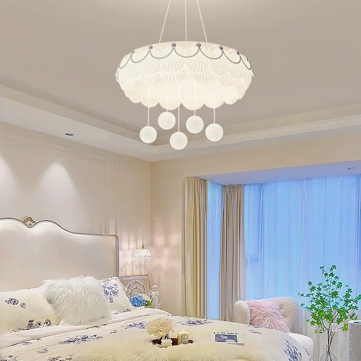 Traditional French PE Iron Round Shell Hanging Ball LED Chandeliers For Bedroom