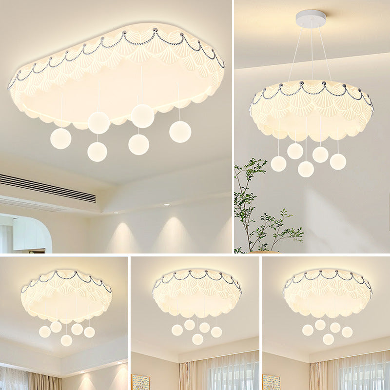 Traditional French PE Iron Round Square Rectangular Shell Hanging Ball LED Flush Mount Ceiling Light For Bedroom