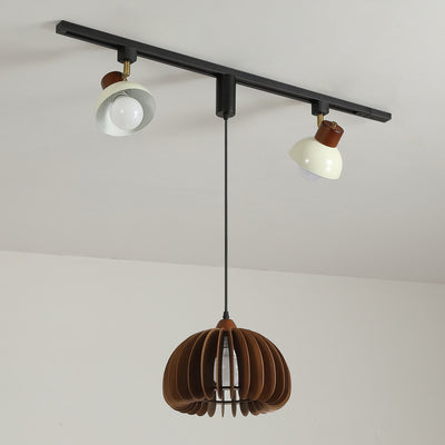 Contemporary Retro Rubber Wood Basswood Iron PVC Conic Bowl Pumpkin 3-Light Pendant Light Track Lighting For Dining Room