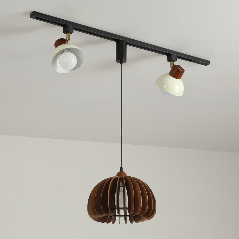Contemporary Retro Rubber Wood Basswood Iron PVC Conic Bowl Pumpkin 3-Light Pendant Light Track Lighting For Dining Room