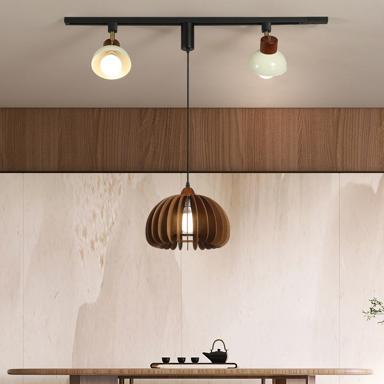 Contemporary Retro Rubber Wood Basswood Iron PVC Conic Bowl Pumpkin 3-Light Pendant Light Track Lighting For Dining Room