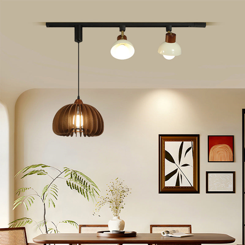 Contemporary Retro Rubber Wood Basswood Iron PVC Conic Bowl Pumpkin 3-Light Pendant Light Track Lighting For Dining Room