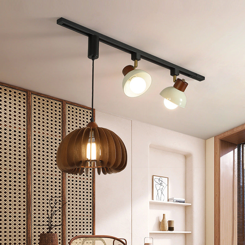 Contemporary Retro Rubber Wood Basswood Iron PVC Conic Bowl Pumpkin 3-Light Pendant Light Track Lighting For Dining Room