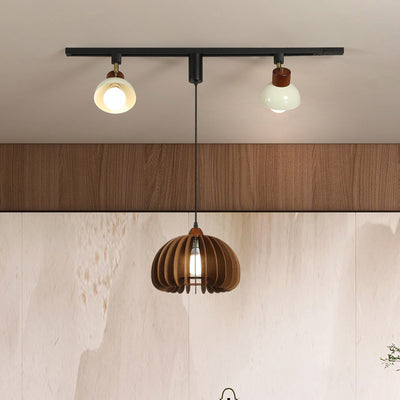Contemporary Retro Rubber Wood Basswood Iron PVC Conic Bowl Pumpkin 3-Light Pendant Light Track Lighting For Dining Room