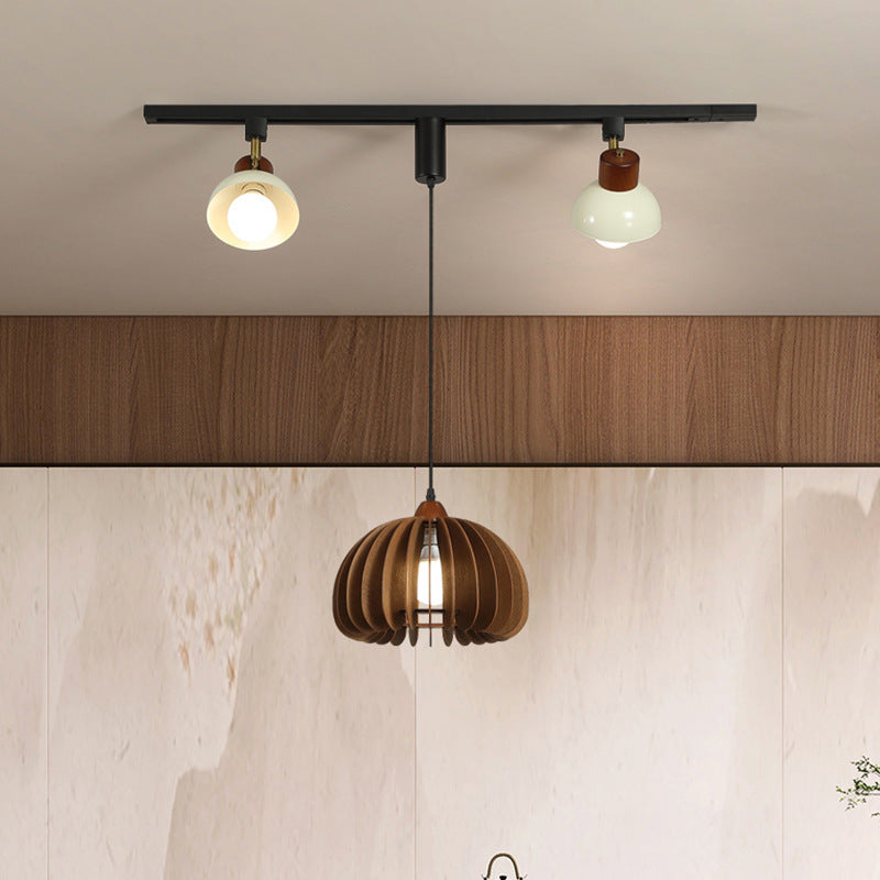 Contemporary Retro Rubber Wood Basswood Iron PVC Conic Bowl Pumpkin 3-Light Pendant Light Track Lighting For Dining Room