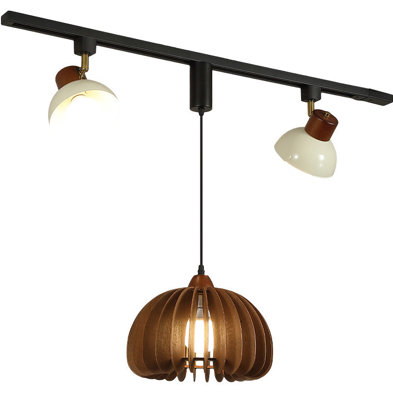 Contemporary Retro Rubber Wood Basswood Iron PVC Conic Bowl Pumpkin 3-Light Pendant Light Track Lighting For Dining Room