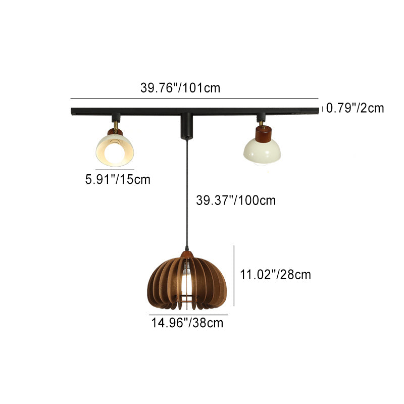 Contemporary Retro Rubber Wood Basswood Iron PVC Conic Bowl Pumpkin 3-Light Pendant Light Track Lighting For Dining Room