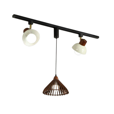 Contemporary Retro Rubber Wood Basswood Iron PVC Conic Bowl Pumpkin 3-Light Pendant Light Track Lighting For Dining Room