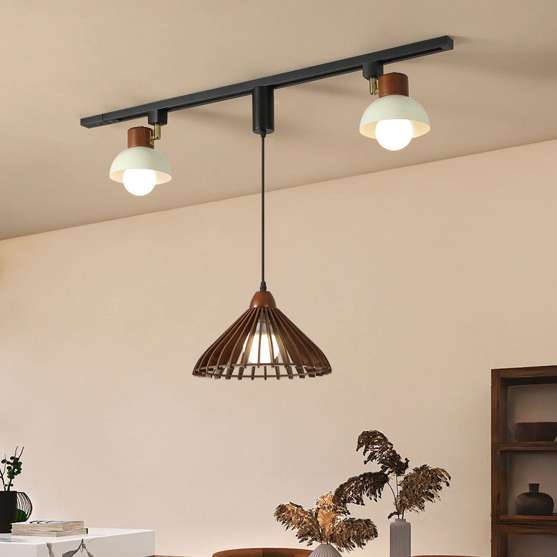 Contemporary Retro Rubber Wood Basswood Iron PVC Conic Bowl Pumpkin 3-Light Pendant Light Track Lighting For Dining Room