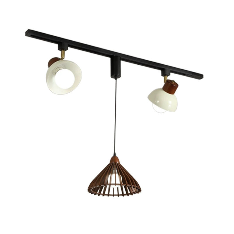 Contemporary Retro Rubber Wood Basswood Iron PVC Conic Bowl Pumpkin 3-Light Pendant Light Track Lighting For Dining Room