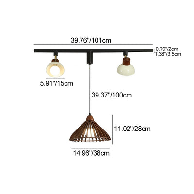 Contemporary Retro Rubber Wood Basswood Iron PVC Conic Bowl Pumpkin 3-Light Pendant Light Track Lighting For Dining Room
