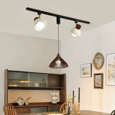 Contemporary Retro Rubber Wood Basswood Iron PVC Conic Bowl Pumpkin 3-Light Pendant Light Track Lighting For Dining Room