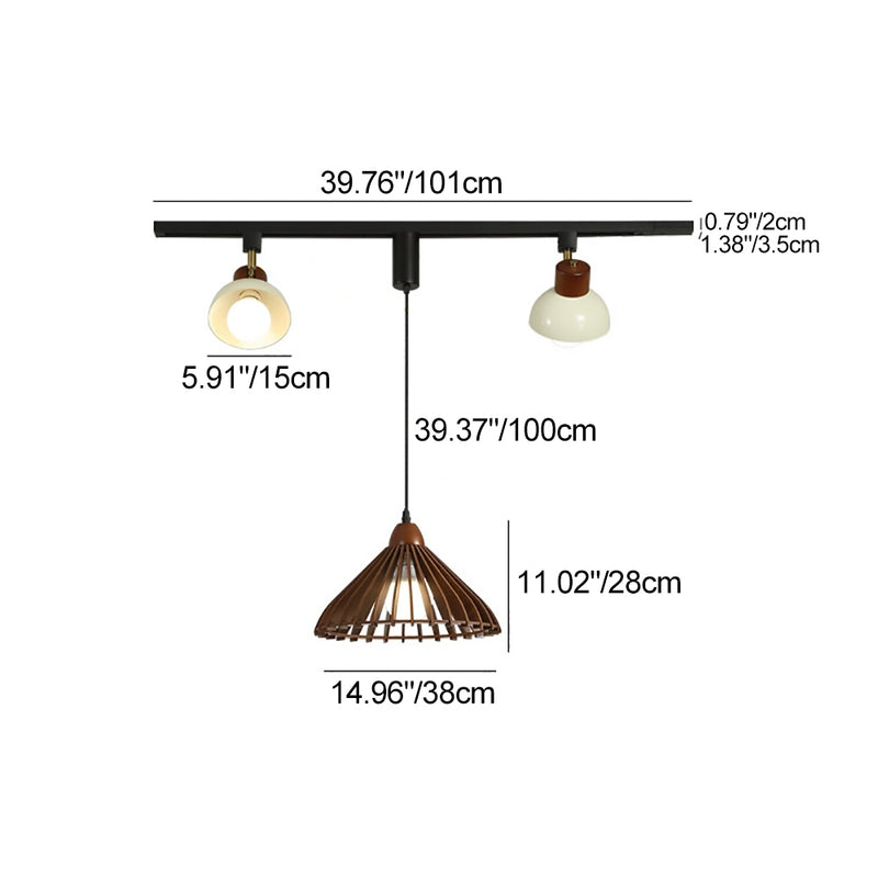 Contemporary Retro Rubber Wood Basswood Iron PVC Conic Bowl Pumpkin 3-Light Pendant Light Track Lighting For Dining Room