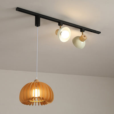 Contemporary Retro Rubber Wood Basswood Iron PVC Conic Bowl Pumpkin 3-Light Pendant Light Track Lighting For Dining Room