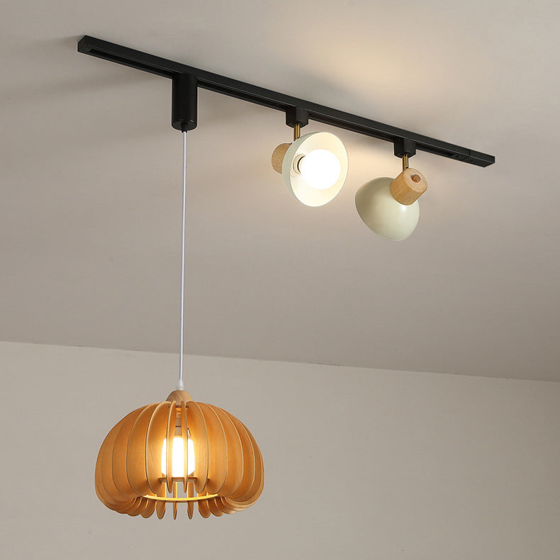 Contemporary Retro Rubber Wood Basswood Iron PVC Conic Bowl Pumpkin 3-Light Pendant Light Track Lighting For Dining Room