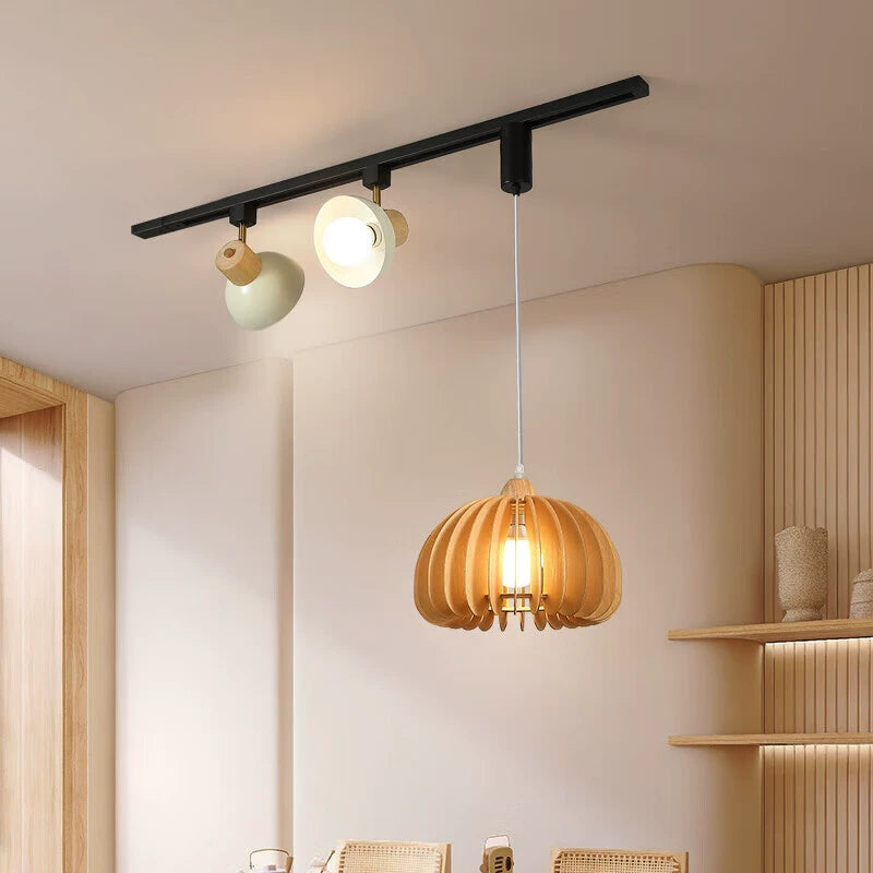 Contemporary Retro Rubber Wood Basswood Iron PVC Conic Bowl Pumpkin 3-Light Pendant Light Track Lighting For Dining Room