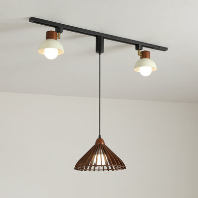 Contemporary Retro Rubber Wood Basswood Iron PVC Conic Bowl Pumpkin 3-Light Pendant Light Track Lighting For Dining Room