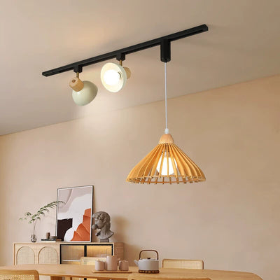 Contemporary Retro Rubber Wood Basswood Iron PVC Conic Bowl Pumpkin 3-Light Pendant Light Track Lighting For Dining Room