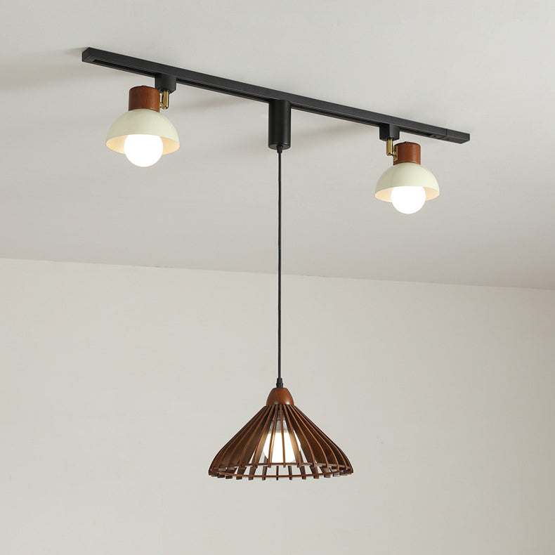 Contemporary Retro Rubber Wood Basswood Iron PVC Conic Bowl Pumpkin 3-Light Pendant Light Track Lighting For Dining Room