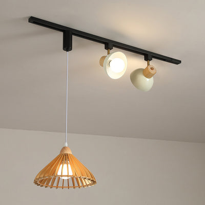 Contemporary Retro Rubber Wood Basswood Iron PVC Conic Bowl Pumpkin 3-Light Pendant Light Track Lighting For Dining Room