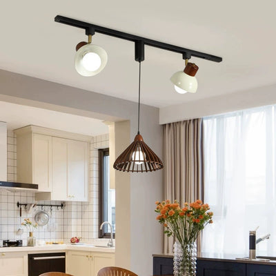 Contemporary Retro Rubber Wood Basswood Iron PVC Conic Bowl Pumpkin 3-Light Pendant Light Track Lighting For Dining Room