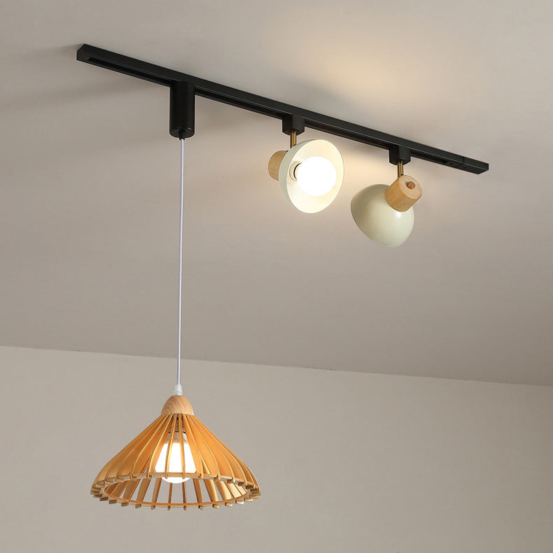 Contemporary Retro Rubber Wood Basswood Iron PVC Conic Bowl Pumpkin 3-Light Pendant Light Track Lighting For Dining Room