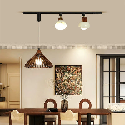 Contemporary Retro Rubber Wood Basswood Iron PVC Conic Bowl Pumpkin 3-Light Pendant Light Track Lighting For Dining Room