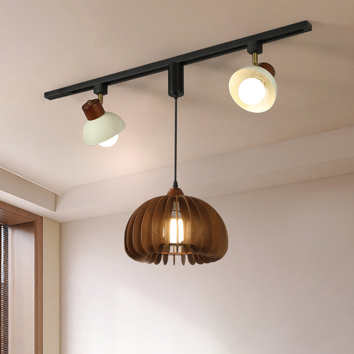 Contemporary Retro Rubber Wood Basswood Iron PVC Conic Bowl Pumpkin 3-Light Pendant Light Track Lighting For Dining Room