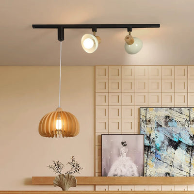 Contemporary Retro Rubber Wood Basswood Iron PVC Conic Bowl Pumpkin 3-Light Pendant Light Track Lighting For Dining Room