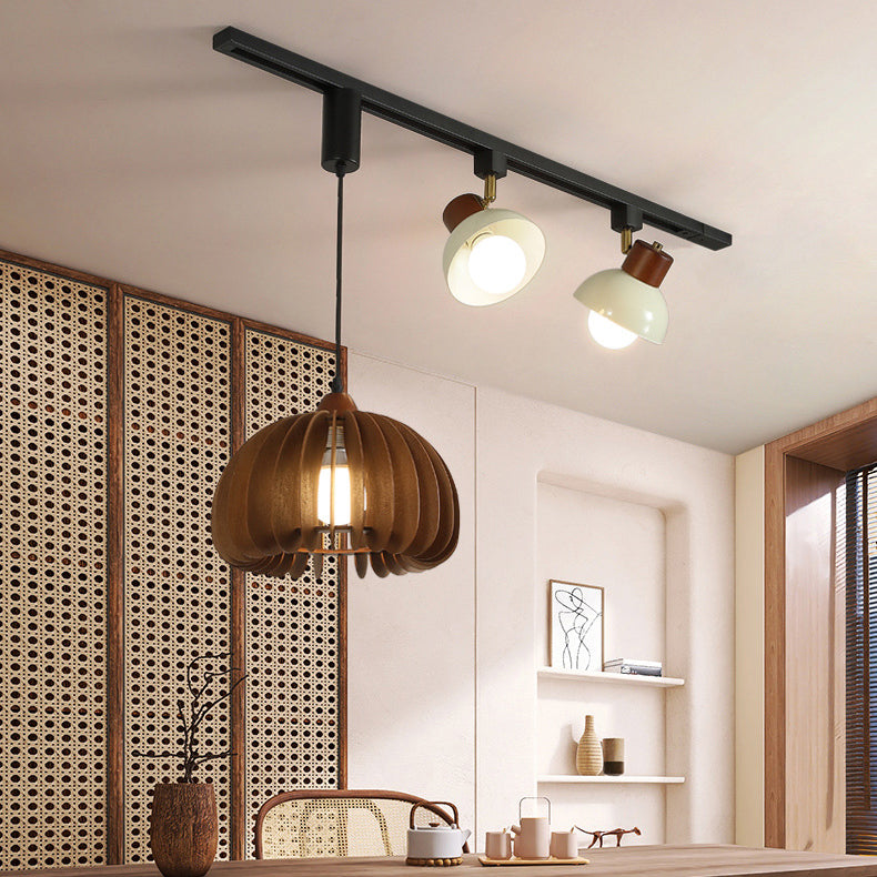 Contemporary Retro Rubber Wood Basswood Iron PVC Conic Bowl Pumpkin 3-Light Pendant Light Track Lighting For Dining Room