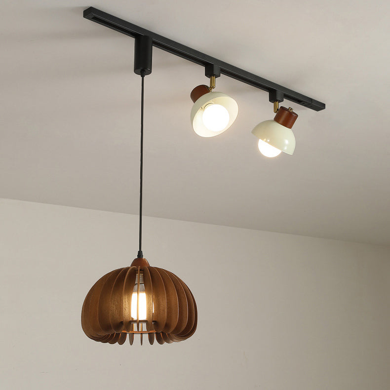 Contemporary Retro Rubber Wood Basswood Iron PVC Conic Bowl Pumpkin 3-Light Pendant Light Track Lighting For Dining Room