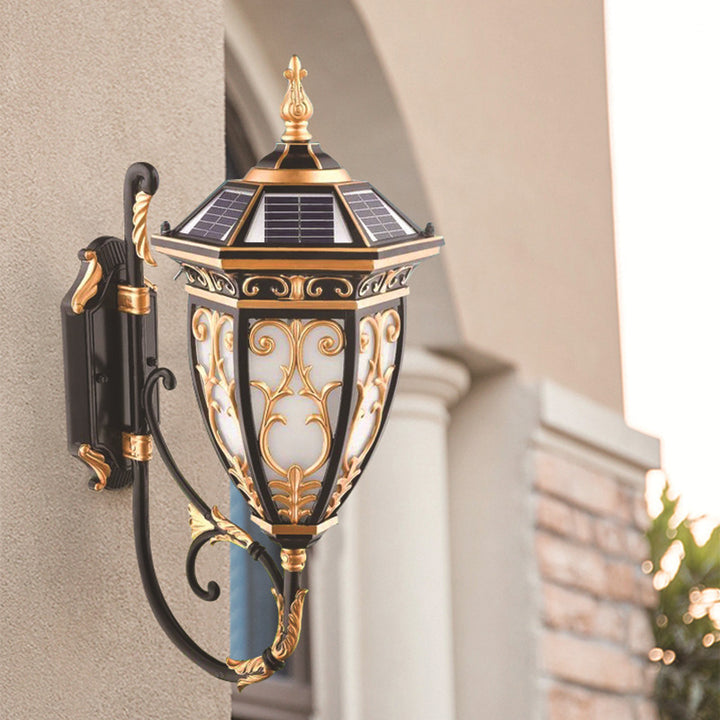 Traditional European Solar Waterproof Aluminum Glass Lantern Flower Mansion Pattern 1-Light LED Wall Sconce Lamp For Outdoor Patio
