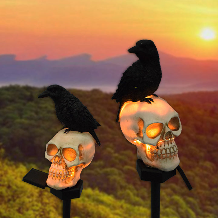 Zeitgenössische kreative solarbetriebene wasserdichte Harz-Kunststoff-Schädel-Krähe Halloween-Dekoration LED-Außenleuchte Landschaftsbeleuchtung für den Garten 