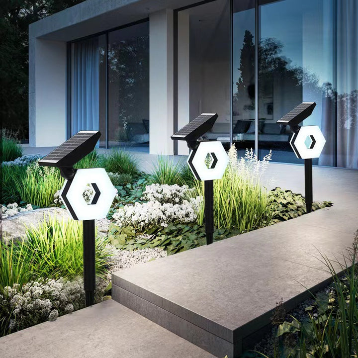 Moderne Art Deco Solar Wasserdichte ABS PC Runde Mond Dreieck Polygon Geometrische LED Außenleuchte Landschaftsbeleuchtung Für Garten 