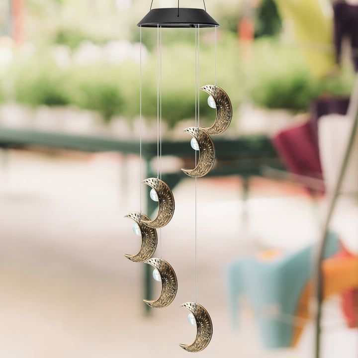 Décoration Contemporaine Bohème Solaire Imperméable ABS Métal Lune Soleil Étoile Carillon Éolien Suspendu LED Lumière Extérieure Éclairage Paysager Pour Patio Extérieur 
