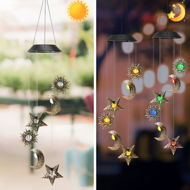 Décoration Contemporaine Bohème Solaire Imperméable ABS Métal Lune Soleil Étoile Carillon Éolien Suspendu LED Lumière Extérieure Éclairage Paysager Pour Patio Extérieur 
