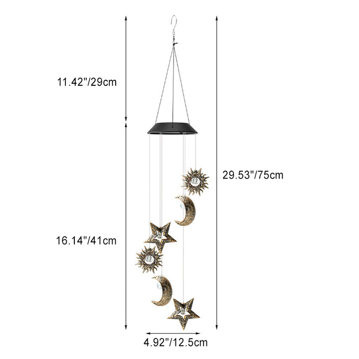 Décoration Contemporaine Bohème Solaire Imperméable ABS Métal Lune Soleil Étoile Carillon Éolien Suspendu LED Lumière Extérieure Éclairage Paysager Pour Patio Extérieur 